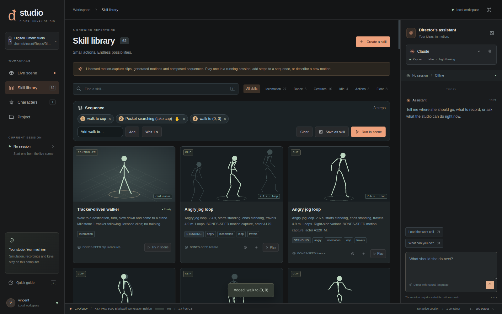 Digital Human Studio skill library with motion previews and a sequence composer combining a walk, a clip and a return walk