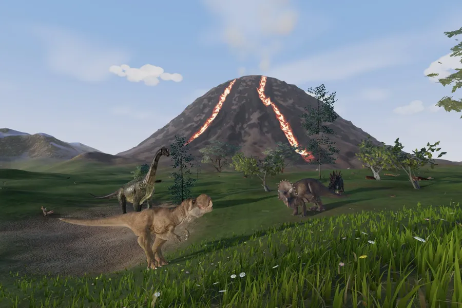 A T. rex and other dinosaurs by a volcano on Dino Pals' island