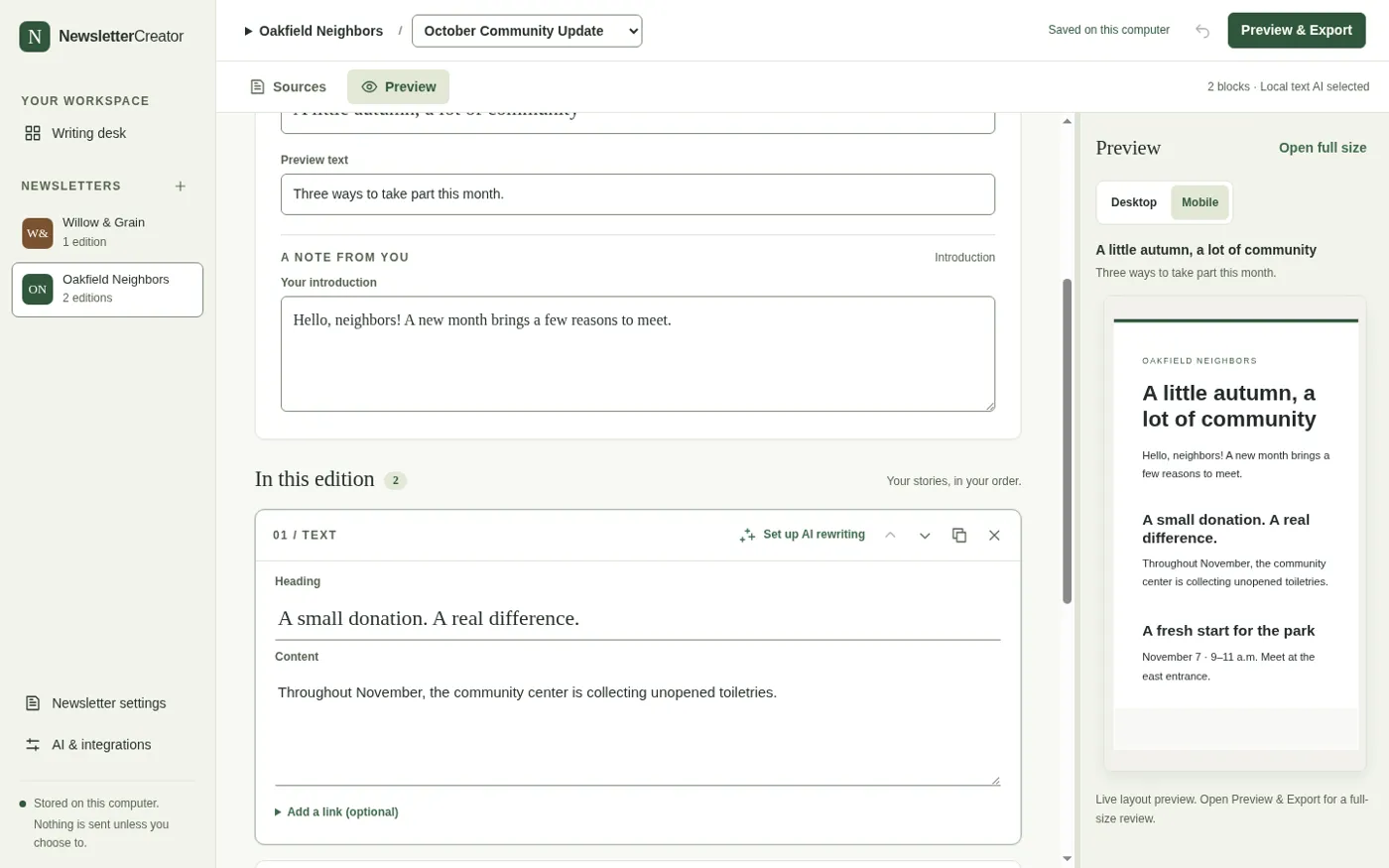 Newsletter Creator's editor with an edition's stories on the left and a live preview on the right