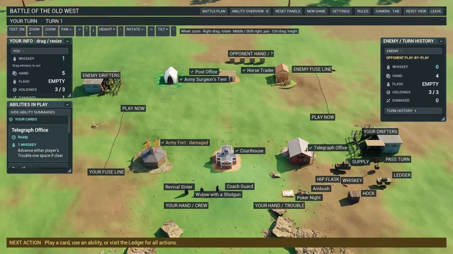 Battle of the Old West's battlefield with buildings, cards and turn controls