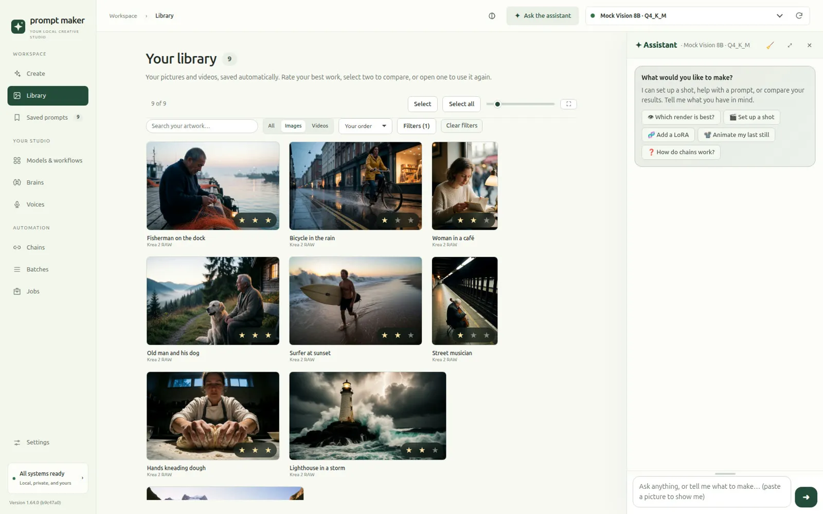 Prompt Maker's library of renders with the assistant panel open beside it